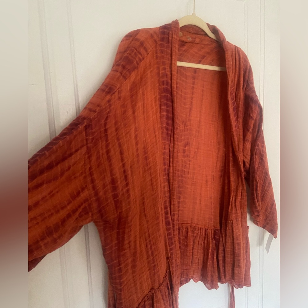 Free people tie die cardigan with ruffle, fun hippy, waist tie one size